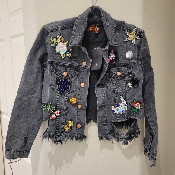 NEW Black Denim Embellished/Destroyed Jacket - Size S - Picture 2 of 12